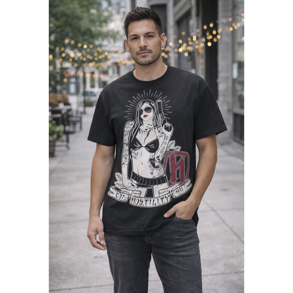 Hostility Mens Graphic Tee Size L Black Tattooed Woman Gangster T Shirt Cotton